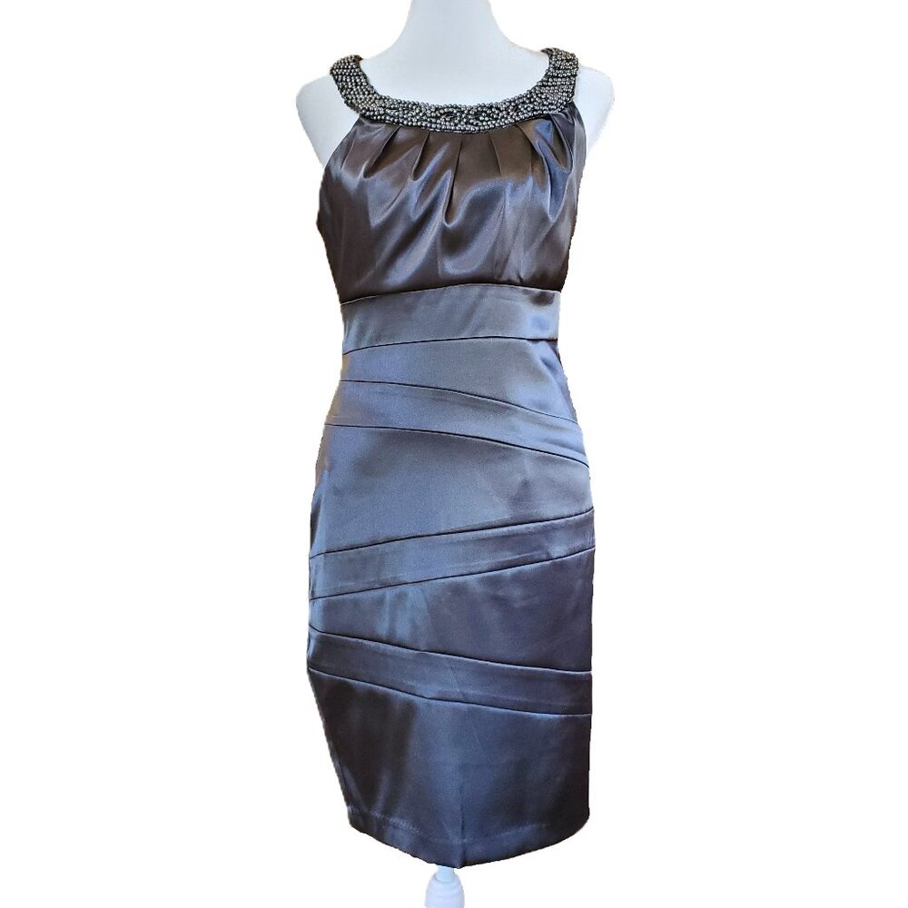 Bisou Bisou Gray Satin Beaded Bandage Dress Women's Size 4 Glam Formal Occasion